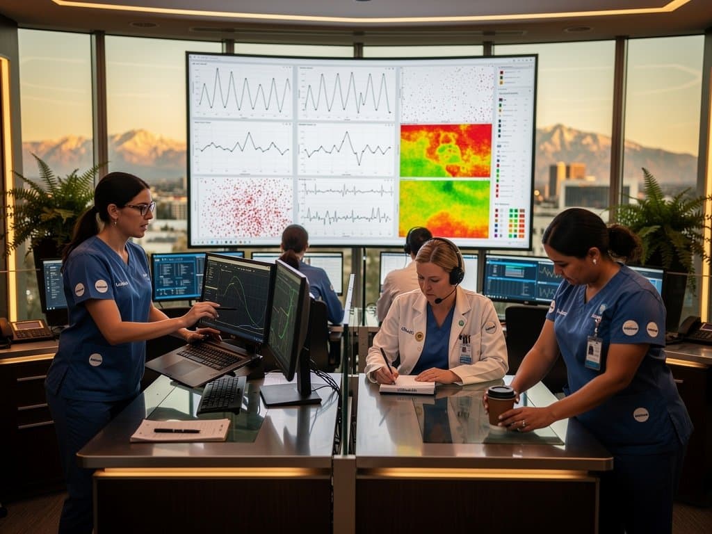 Nurses analyze AI-enhanced patient dashboards on multi-monitor setups in UCHealth's modern Virtual ICU command center with video walls and ergonomic stations.