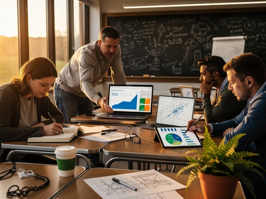 Educators review AI learning analytics BI dashboards in rural classroom