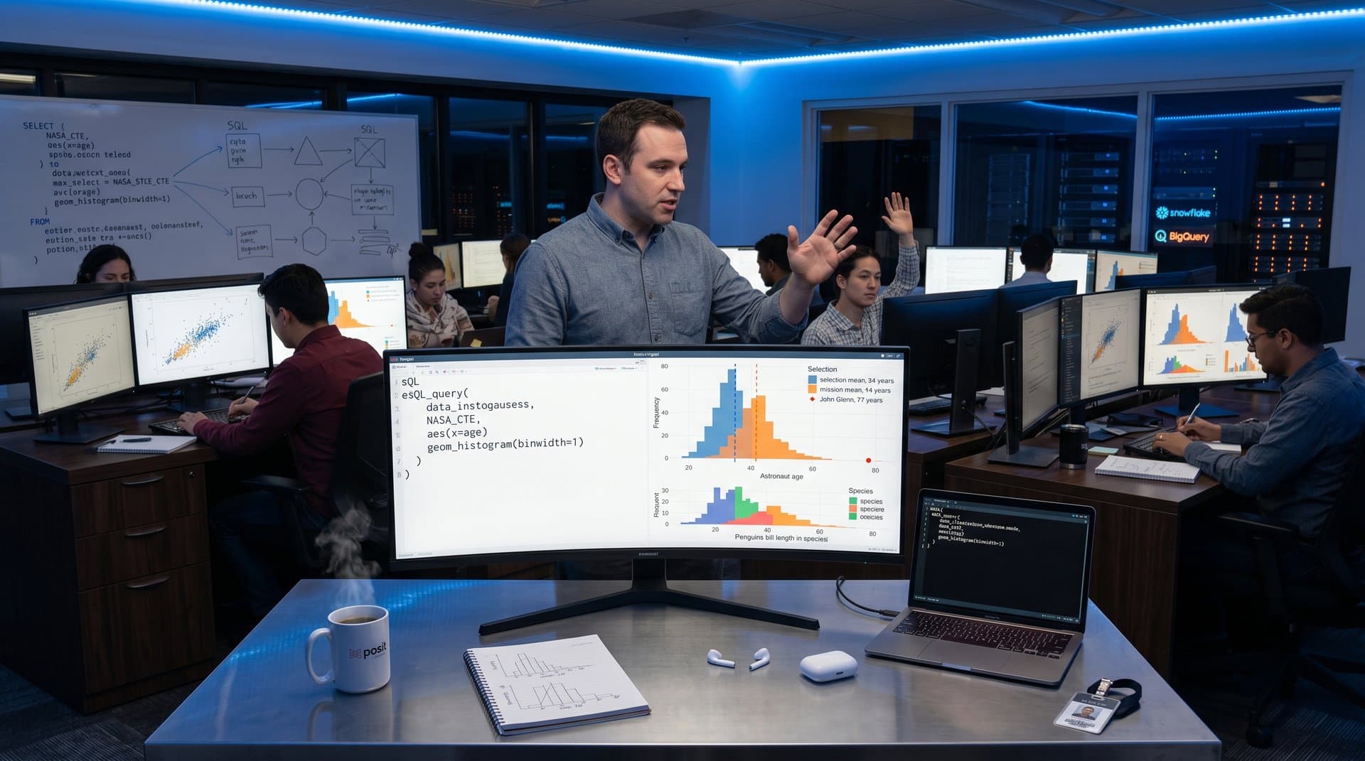 Data studio screens show ggsql code and Grammar of Graphics histograms: astronaut ages (34/44 means, Glenn 77) and penguins bills.