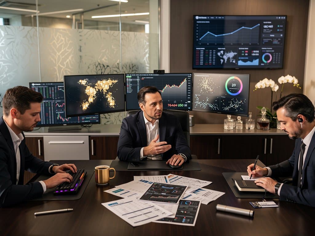 AI-driven data visualizations of luxury trends and crypto charts on Bloomberg terminals in wealth management office