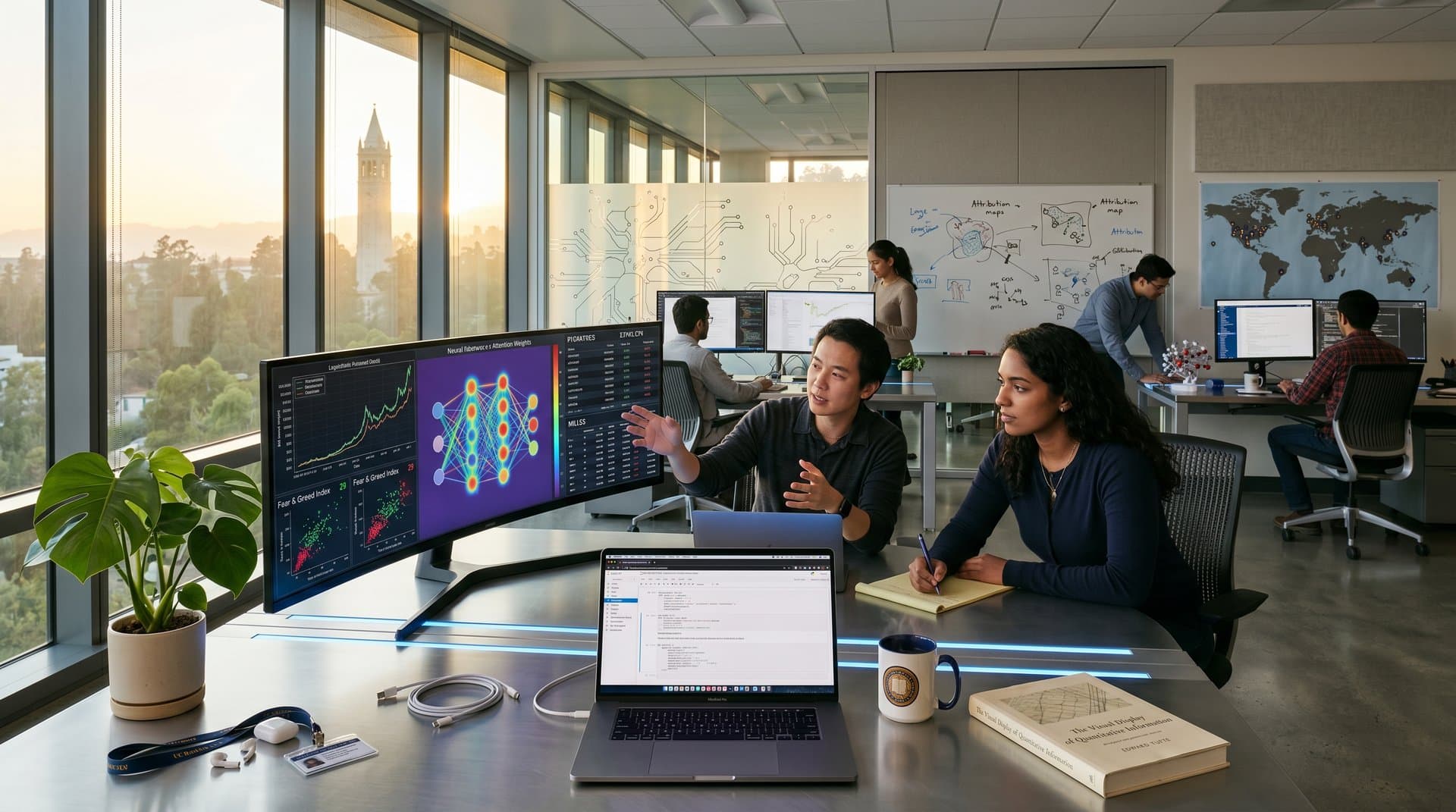 UC Berkeley AI lab screens showing interpretability heatmaps, $76K BTC crypto charts, neural activations on modern desks