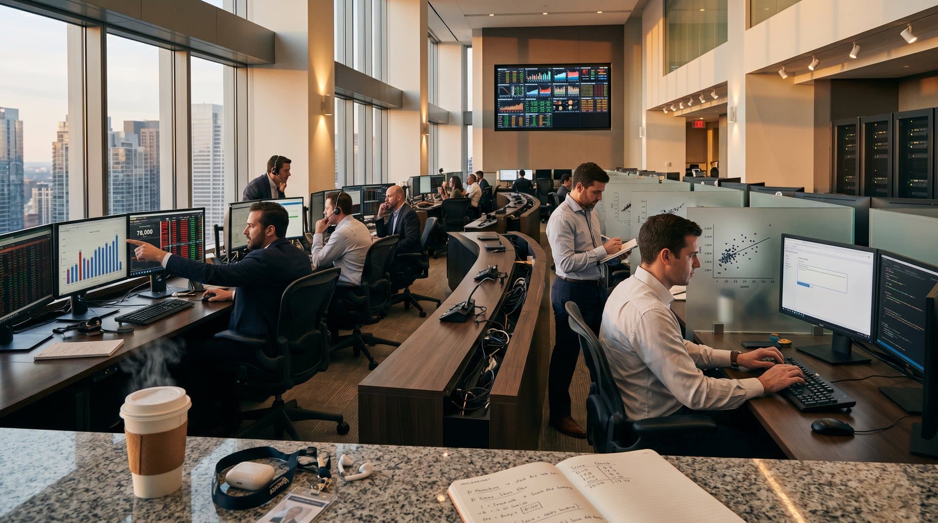 Trading floor monitors show AI-generated crypto charts with BTC at $76K and Fear Index 29 amid data visualization interfaces