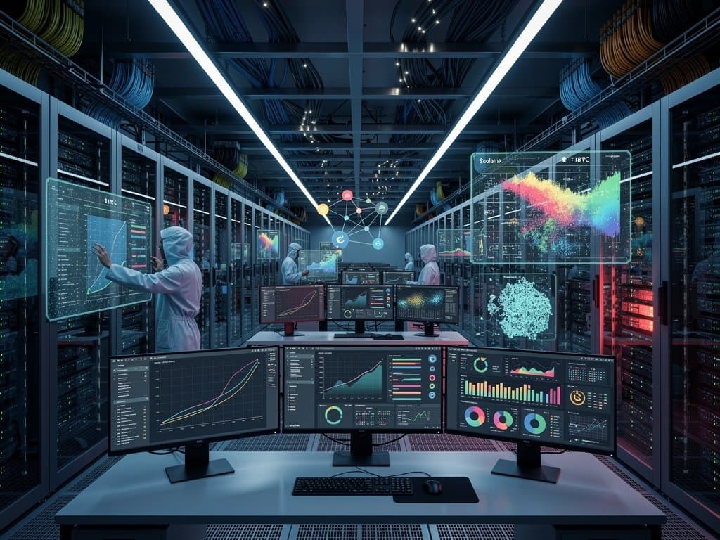 Data center servers and multi-monitor dashboards displaying Solana developer surge visualizations and crypto metrics