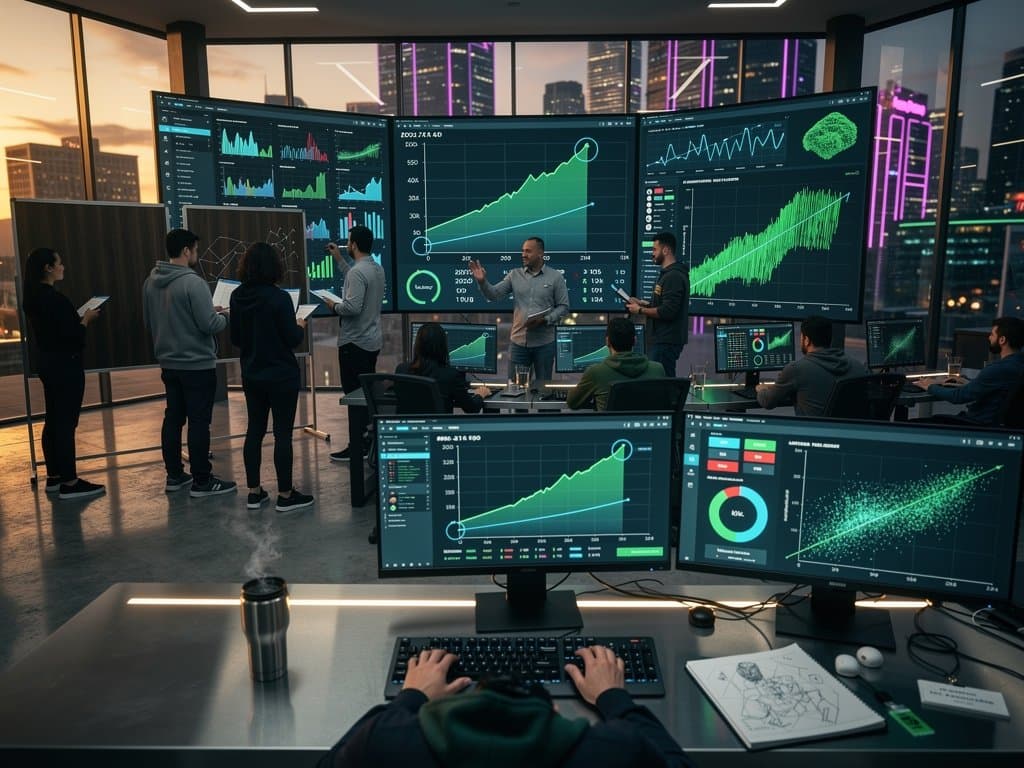 Data scientists analyze Solana developer line charts on video walls in modern quant analytics environment