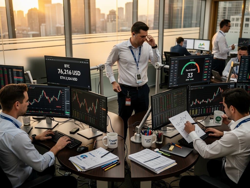 Trading floor multi-monitor setups display crypto charts like BTC at $76,216 USD, Ethereum, and Fear & Greed Index at 33 under blue LED lighting