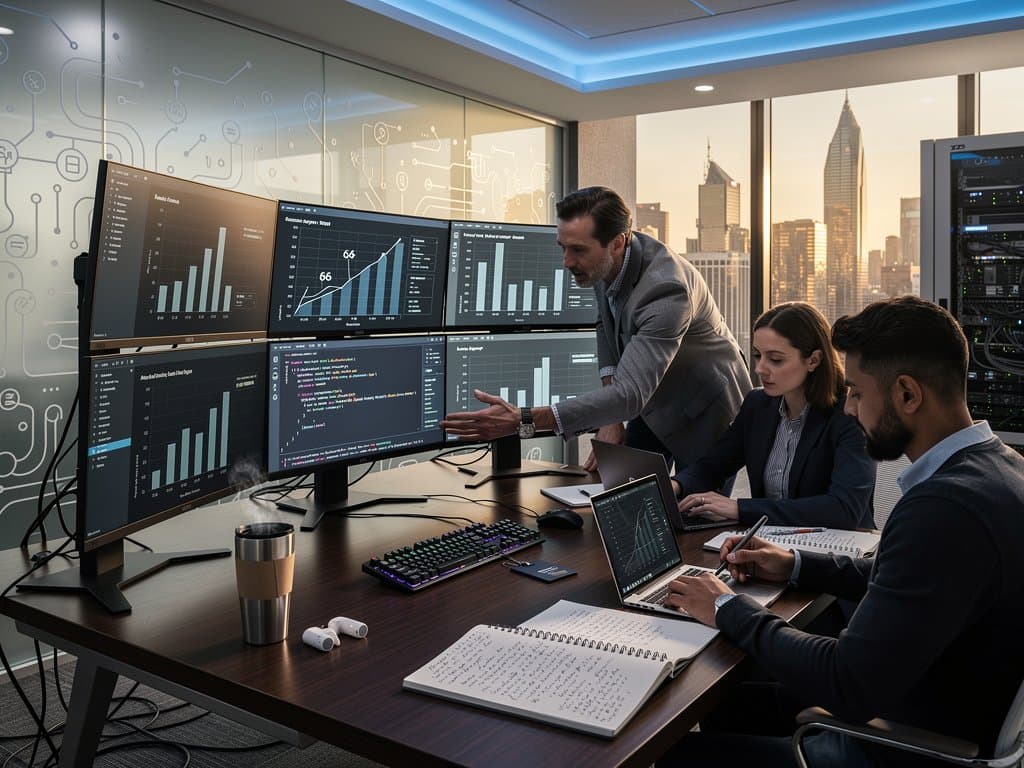 Monitors show ggsql SQL histograms of astronaut ages 34-60 with annotations, modern analytics room with data flowcharts