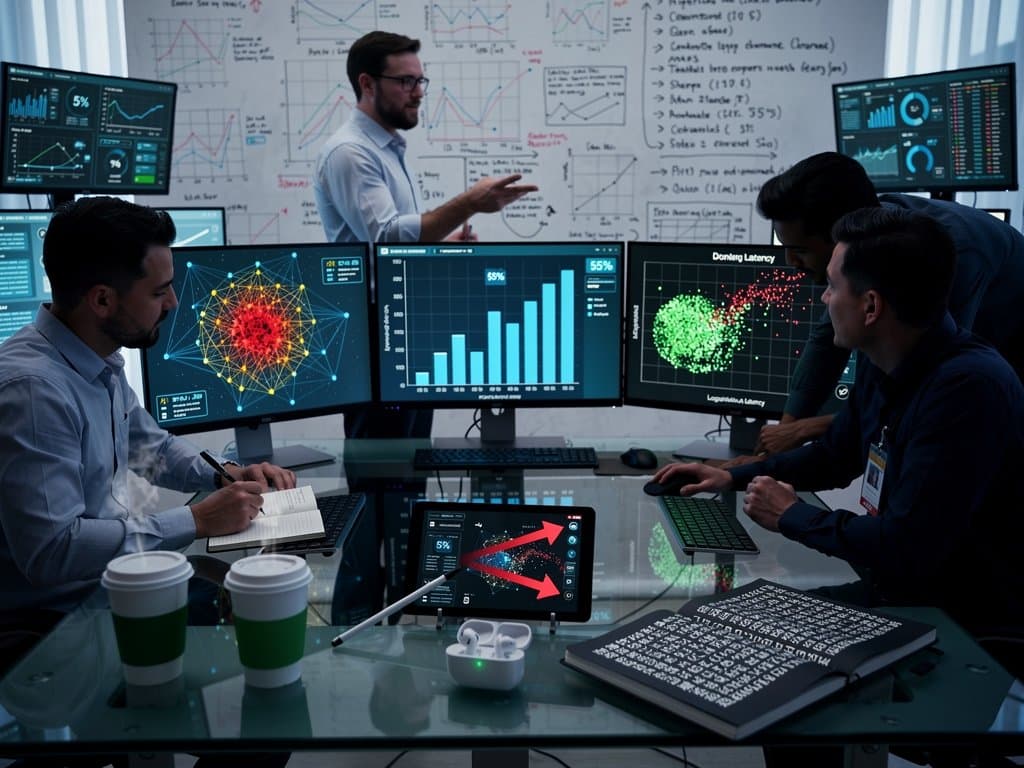 Analytics team in lab with multi-monitor setups showing AI security dashboards, bar charts, heatmaps tracking Anthropic MCP RCE risks (98 chars)
