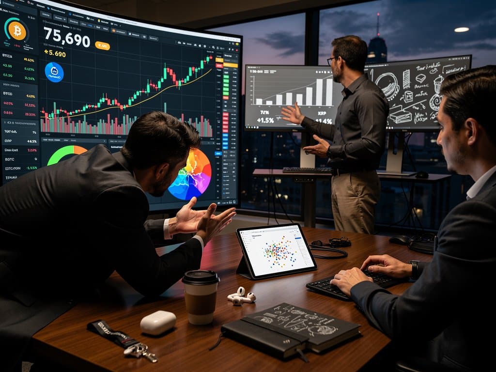 Abstract high-tech lab scene scrutinizing flawed AI-generated crypto charts on curved monitors with Tableau dashboards and server views