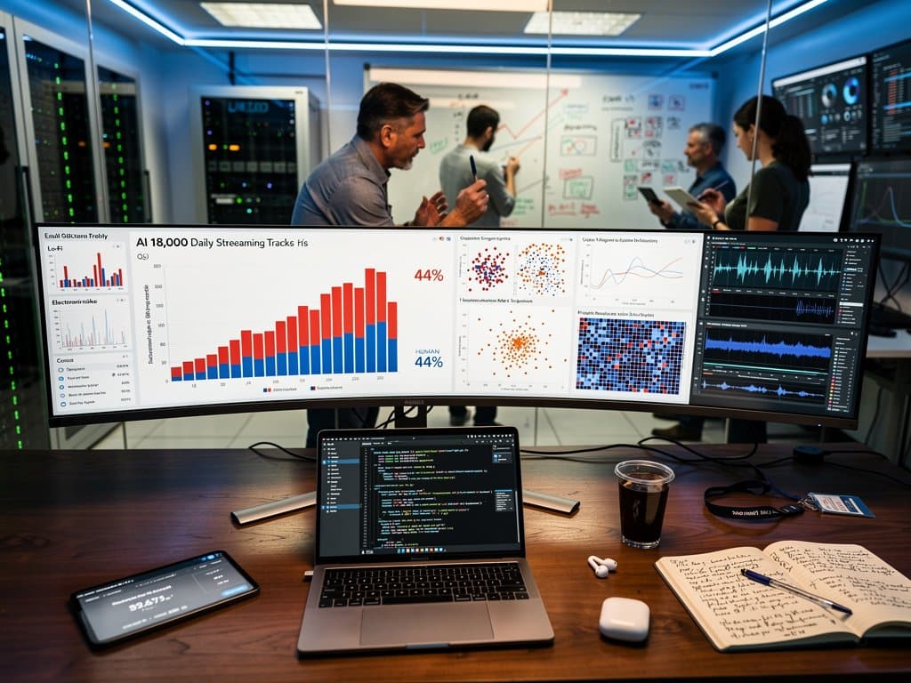 Dashboard visualizing 44% Deezer AI-generated uploads via bar charts, small multiples, scatter plots, and royalty heatmaps with waveforms