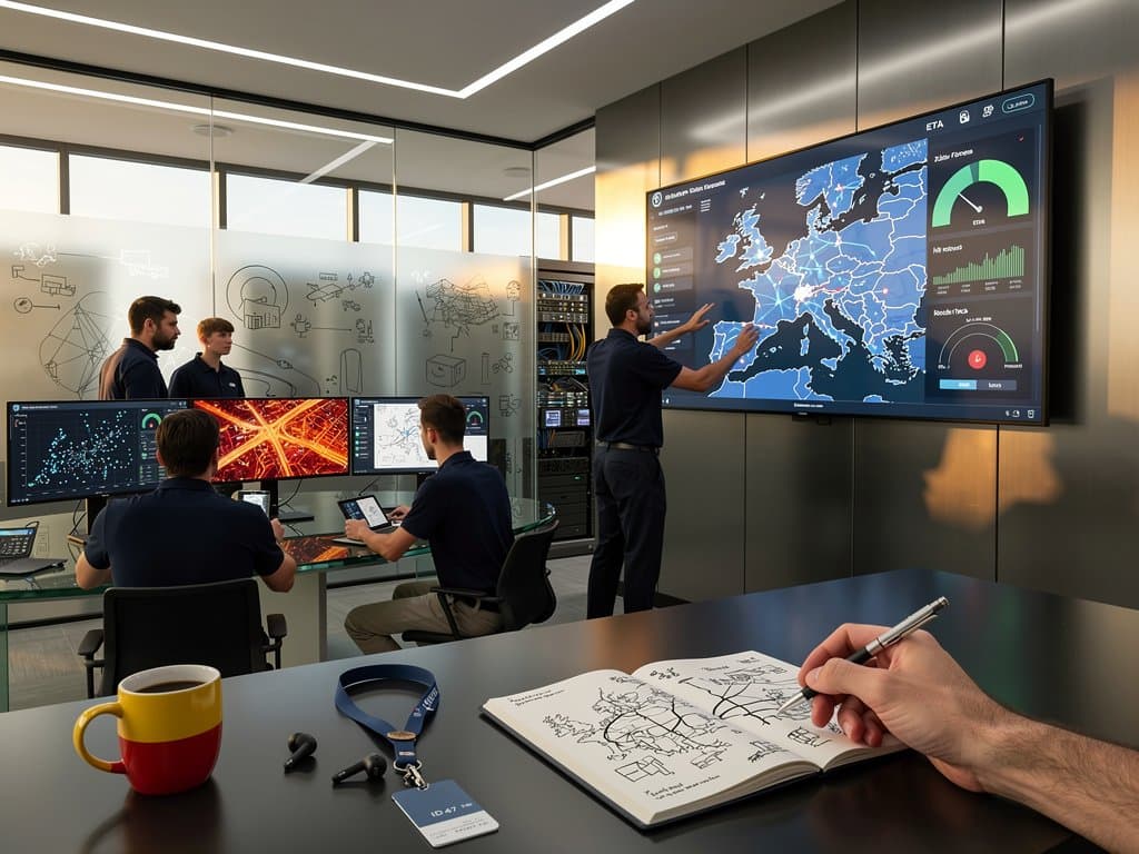 AI haulage data dashboards on monitors in modern control room showing routes, ETAs, and metrics