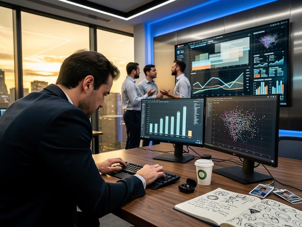 SQL analysts viewing ggsql bar charts and scatter plots of BTC $1.5T market cap and ETH data in modern quant office with skyline view