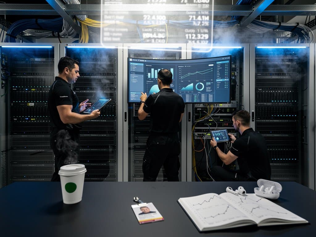 Engineers inspecting Trainium racks and monitoring AI clusters in a bustling AWS Tier IV data center with glowing LEDs and diagnostic tablets