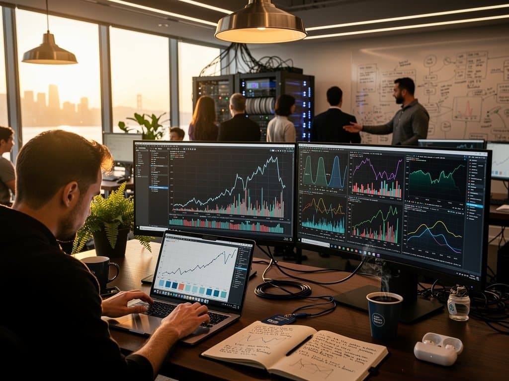 Modern AI office screens displaying Python code, BTC $76K charts, ETH small multiples, and data viz dashboards amid tech setup