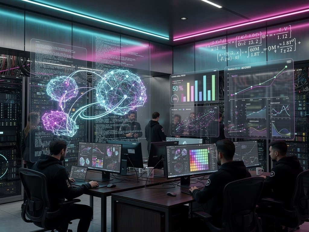 Abstract neural networks with type proofs forming data viz charts and BI dashboards in high-tech scene