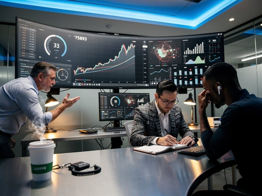 Crypto data visualizations on multi-monitors in modern tech lab with Bitcoin charts and AI overlays