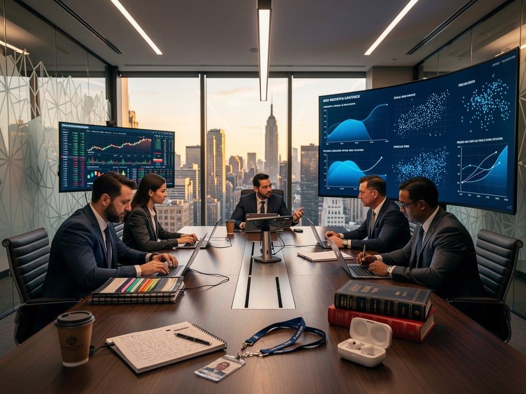 Modern boardroom with Tableau dashboards showing legal citation heatmaps and BTC charts on Bloomberg terminal