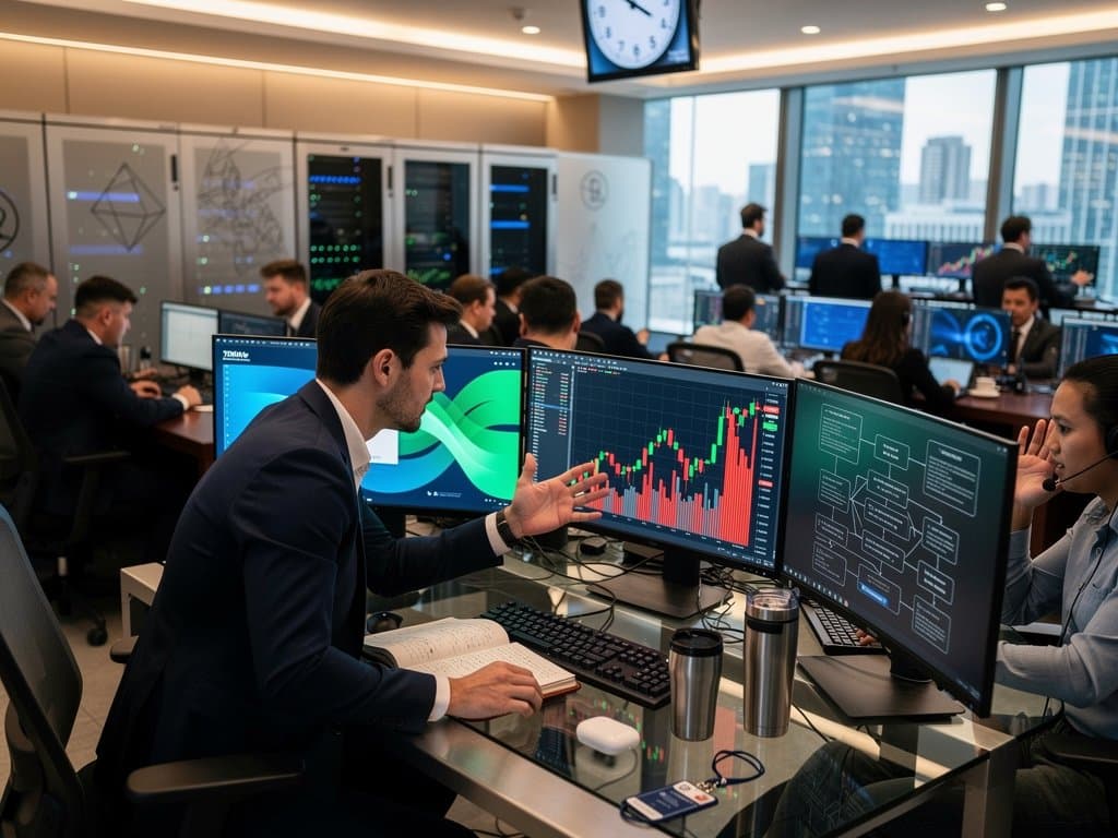 Abstract trading desk monitors show Sankey data lineage, BTC price charts, and DVC pipelines on finance floor
