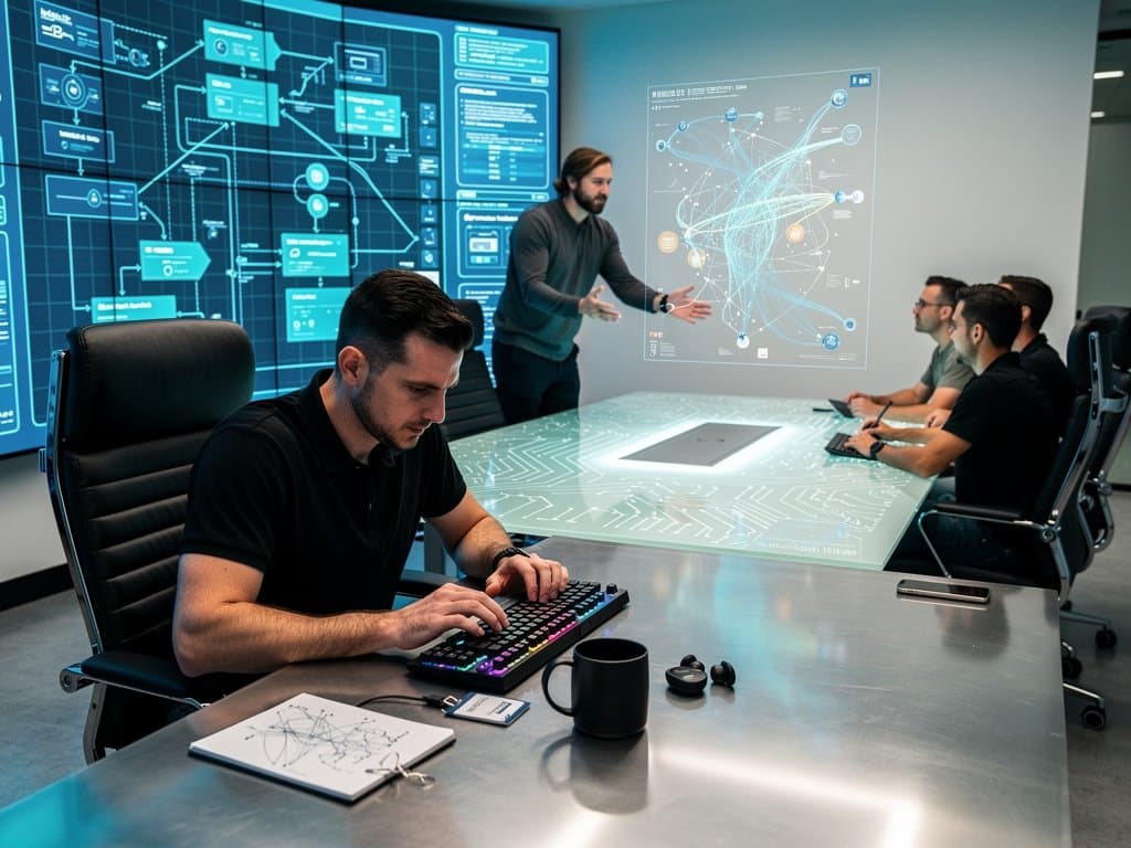 High-tech lab with video wall showing AI diagram infrastructure, holographic projections, and monitors displaying data viz tools