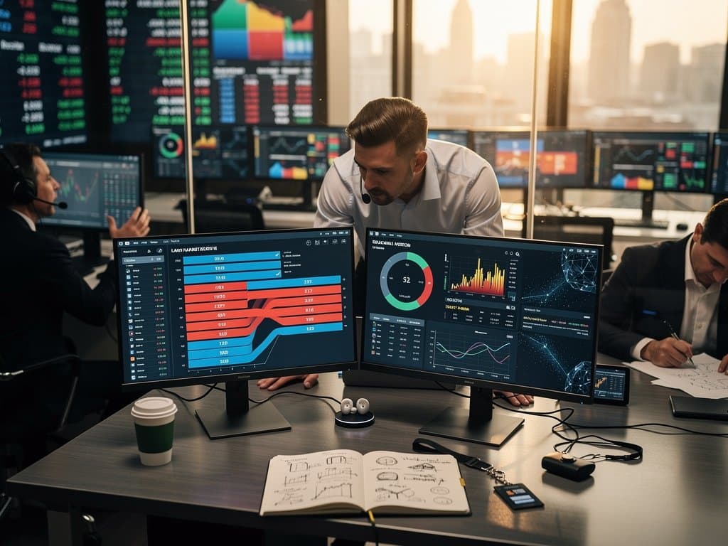Data dashboards comparing US-China AI race metrics with patents, export controls, and crypto gauges on sleek monitors