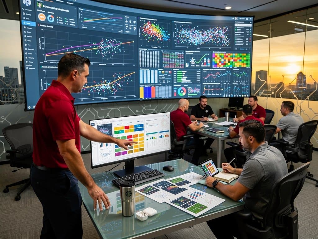 Multi-screen dashboards in analytics center display NFL player scatter plots, heatmaps, and AI draft projections