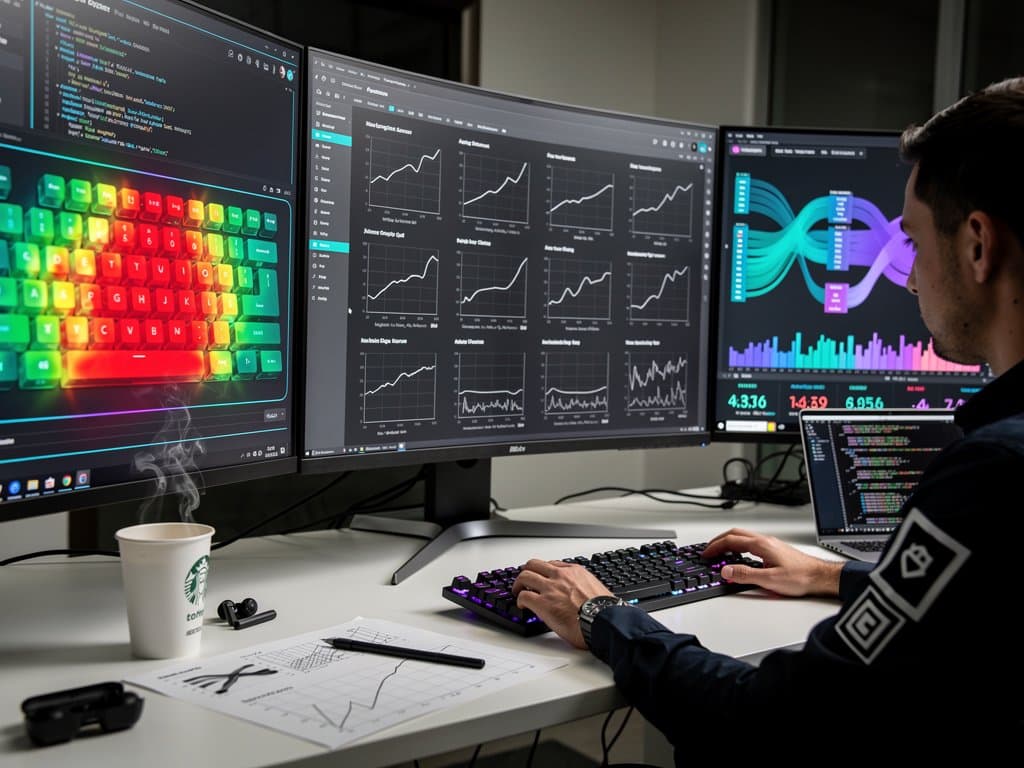 Data scientists analyze keystroke heatmaps, clickstreams, and BTC volatility charts on ultrawide monitors in high-tech AI workspace
