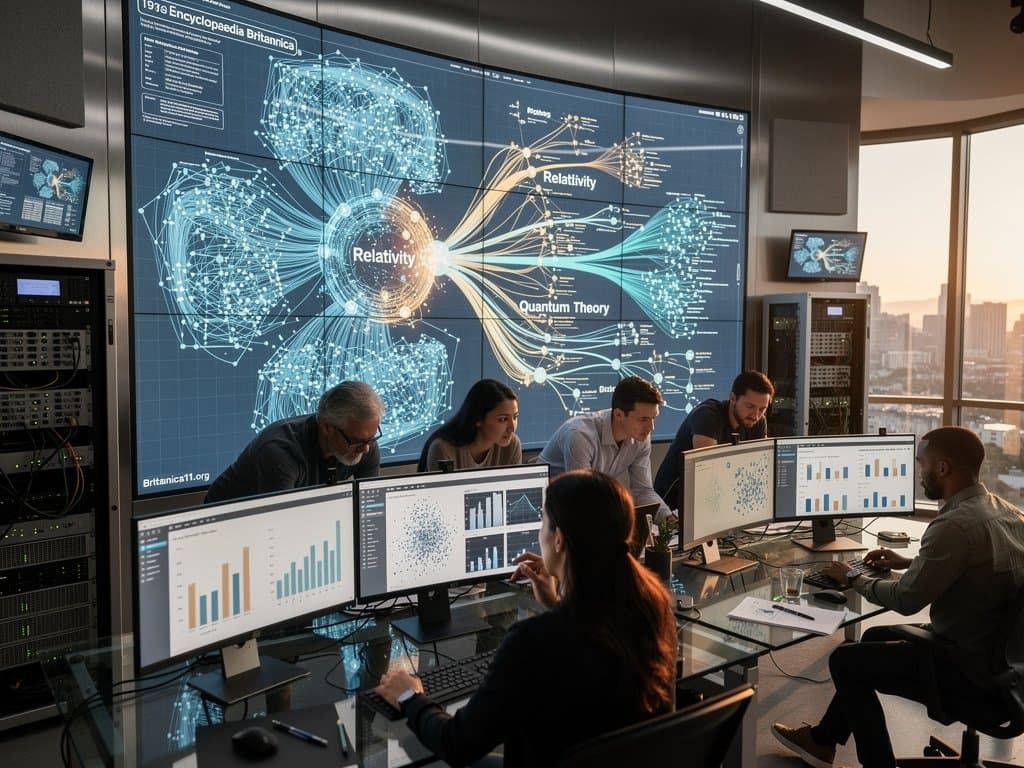 Network graph of Britannica11.org 1911 Britannica data on video wall with Tableau dashboards of bars, scatterplots, and treemaps on monitors in modern studio